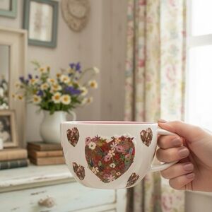 Floral Heart Ceramic Mug - 18oz Large Tea Cup - Shabby Chic Mother’s Day Gift